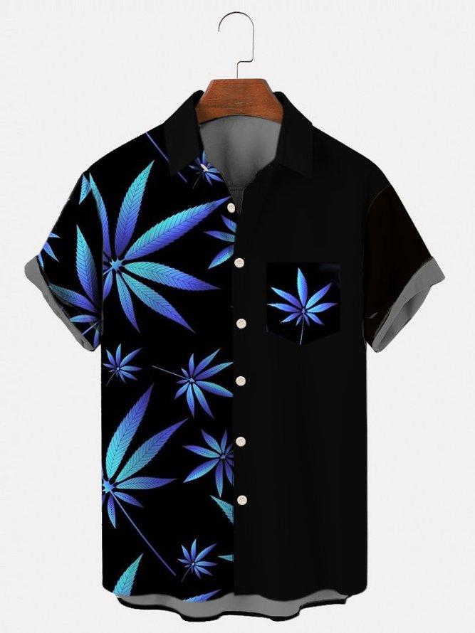 Mens Hawaiian Shirt Blue Printed Casual Cotton-Blend Shirts & Tops