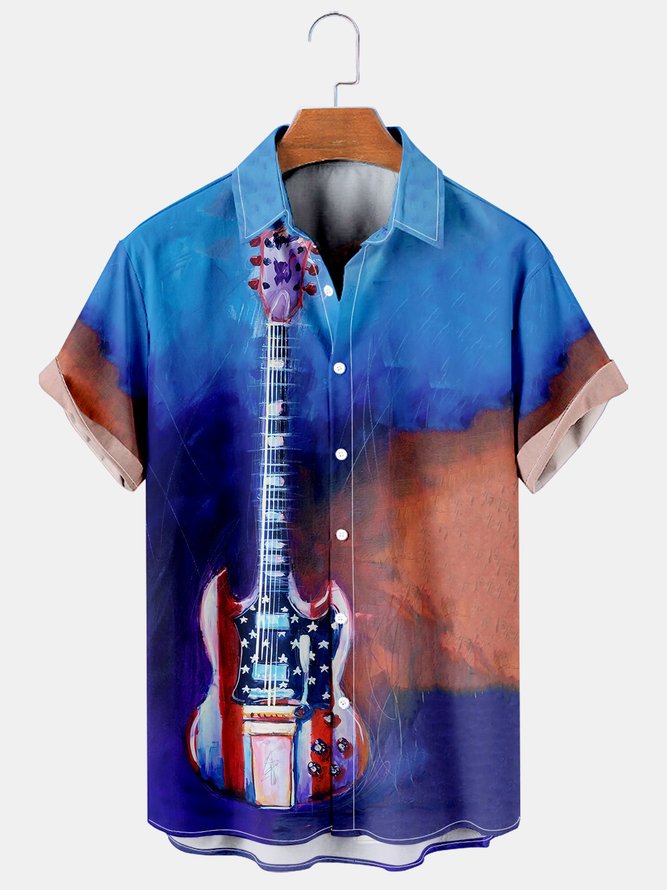 Mens American Flag Music Guitar Painting Rock Roll Casual Breathable Short Sleeve Hawaiian Shirts
