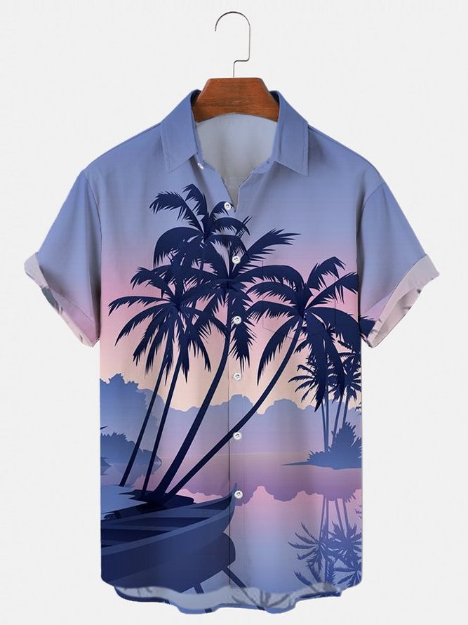 Men's Palm Tree Landscape Print Short Sleeve Shirt