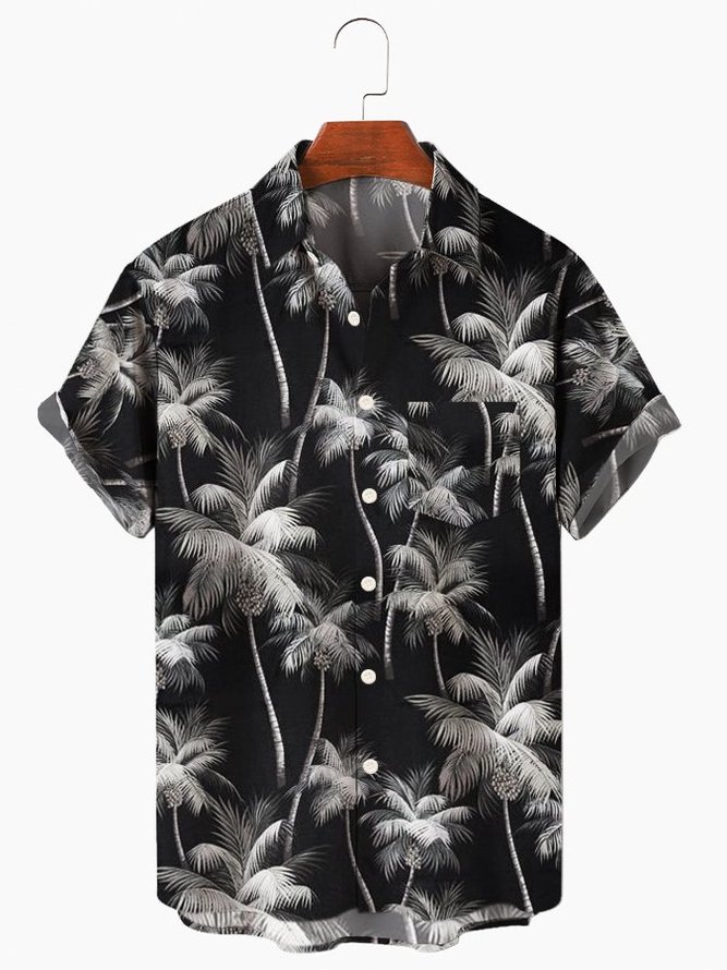 Black Cotton-Blend Natural Landscape Printed Holiday Mens Hawaiian Shirt Casual  Aloha Beach Shirts