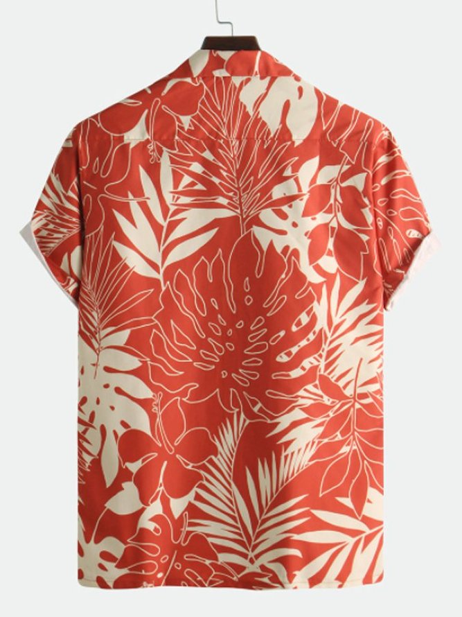 Men's Hawaiian Shirt Tropical Plant Leaf Print Red Cotton Blend Short Sleeve Shirt for Couples