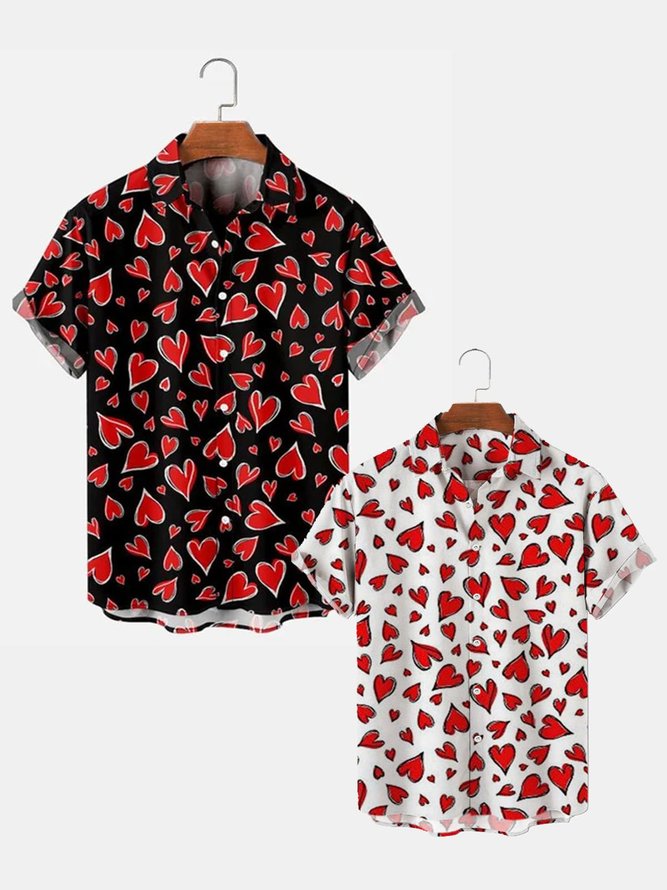 Men’s Love Printed Hawaiian Shirts Cotton-Blend Valentine's Short Sleeve Tops