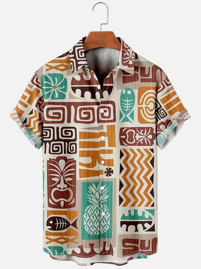 Mens Hawaiian Shirt  Short Sleeve Aloha Shirts Brown TIKI Beach Cotton-Blend Shirts