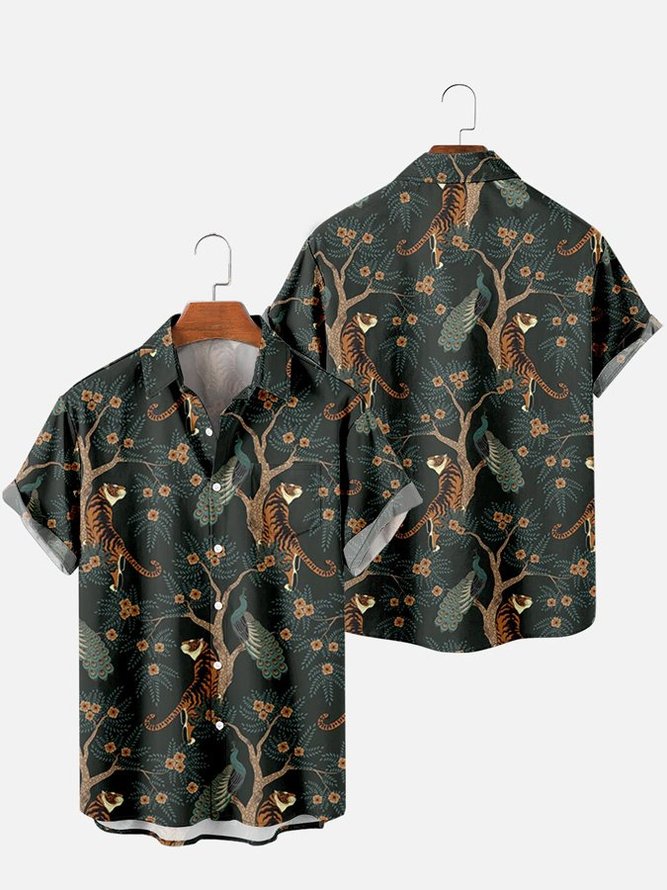 Men's Hawaiian Shirt Tropical Plant Tiger Print Short Sleeve Cotton Blend Short Sleeve