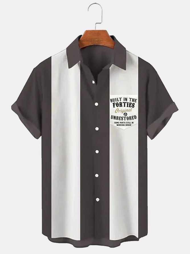 Men's Vintage Bowling Shirts Built in the Forties Letter Print Short Sleeve Shirts