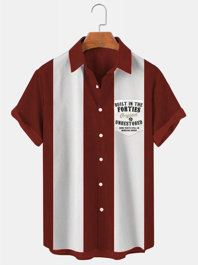 Men's Vintage Bowling Shirts Built in the Forties Letter Print Short Sleeve Shirts