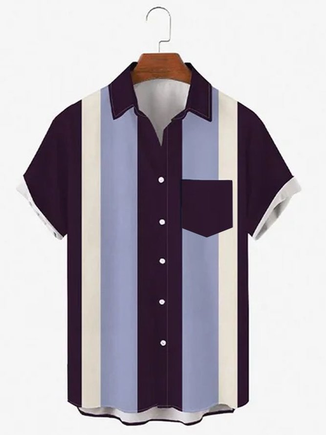 Mens Shirt Casual Button Up Short Sleeve Purple Printed Cotton-Blend Basic Striped Shirts & Tops