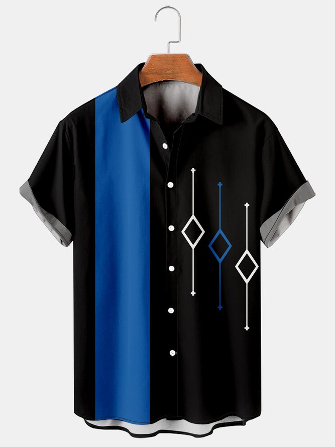 Mens Color-block Geo Print Casual Breathable Short Sleeve Bowling Shirts