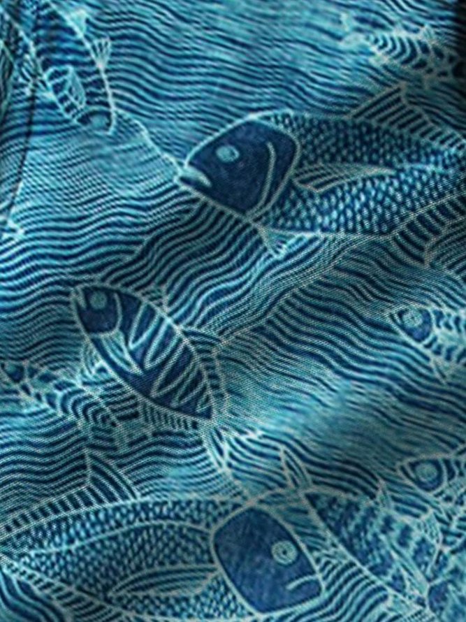 Mens Hawaiian Shirt Oean Creatures Blue Fish Cotton-Blend Casual Shirts & Tops