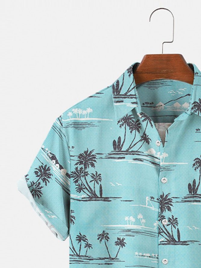Mens Hawaiian Shirt Blue Cotton-Blend Palm Tree Casual Shirts & Tops
