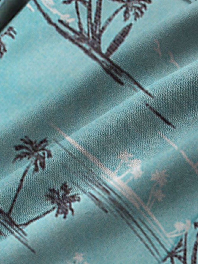 Mens Hawaiian Shirt Blue Cotton-Blend Palm Tree Casual Shirts & Tops