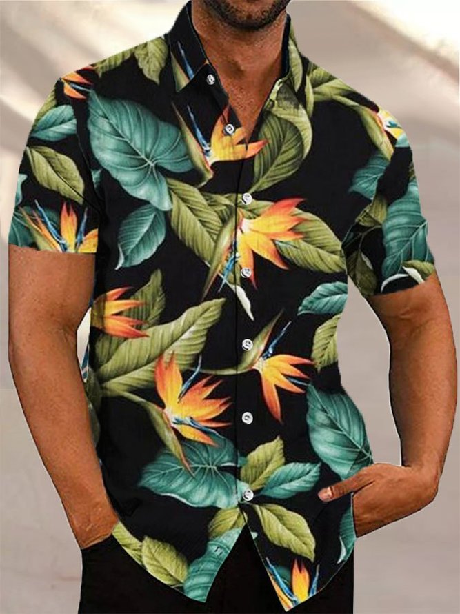 Mens Hawaiian Shirt Strelitzia Reginae Black Floral Vintage Shirts & Tops