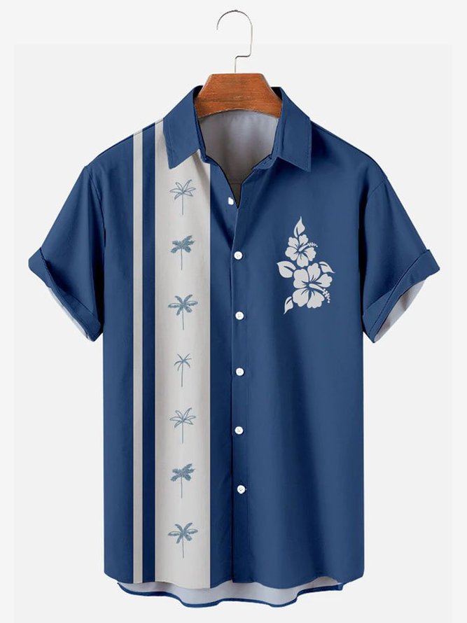 Men's Vintage Bowling Shirt Palm Tree Hibiscus Print Short Sleeve Shirt