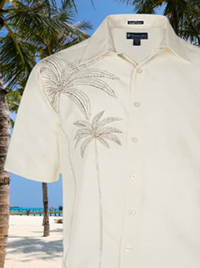 Cotton and Linen Style Hawaiian Plant Coconut Tree Versatile Linen Shirt