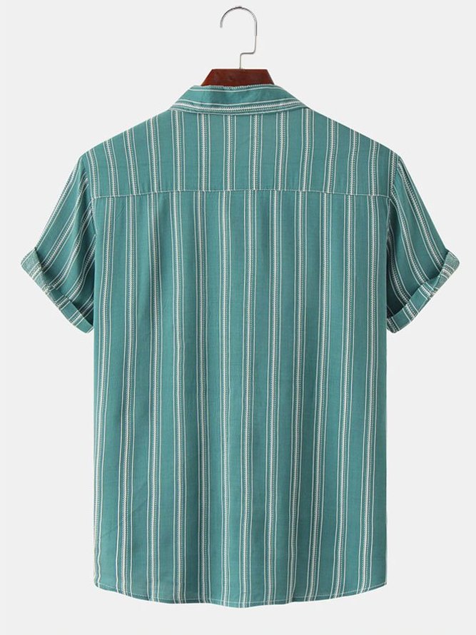 Men's Casual Striped Print Short Sleeve Cotton Blend Shirt