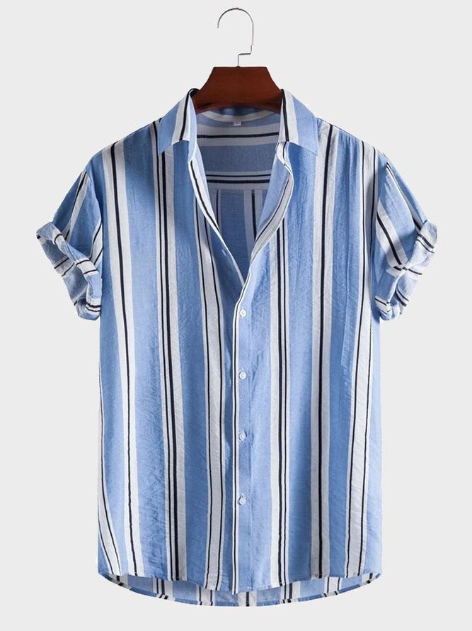 Men's Casual Comfortable Breathable Striped Printed Short Sleeve Shirt