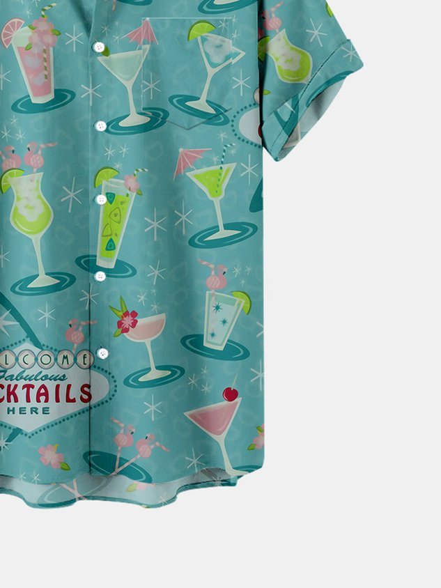 Men's 50's Vintage Anti-Wrinkle Shirt Cocktail Print Hawaiian Short Sleeve Shirt