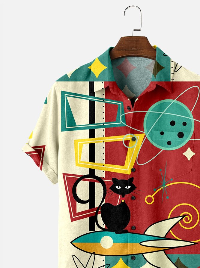 Men's Vintage Casual Shirts Rocket Cat Print Seekers Fabric Anti-Wrinkle Short Sleeve Shirts