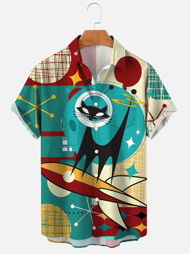 Men's MidCentury Modern Atomic Cat In Space Print Shirt royaura