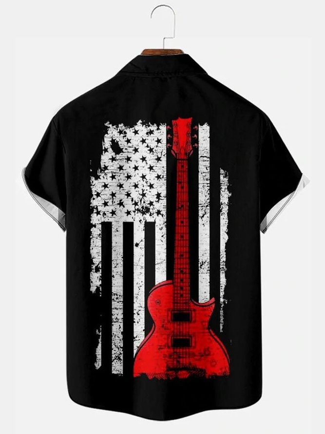 Men's Simple Casual Music American Flag Day Short Sleeve Shirt
