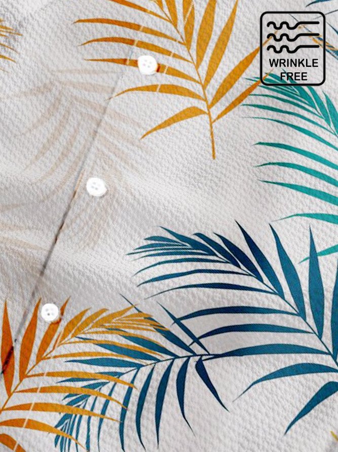 Men's Tropical Leaves Wrinkle Free Casual Hawaiian Shirts Seersucker Cotton Blend Tops