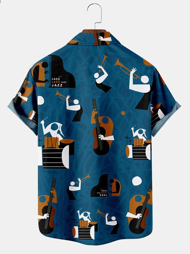 Men's Vintage Jazz Music Collection Print Short Sleeve Shirt