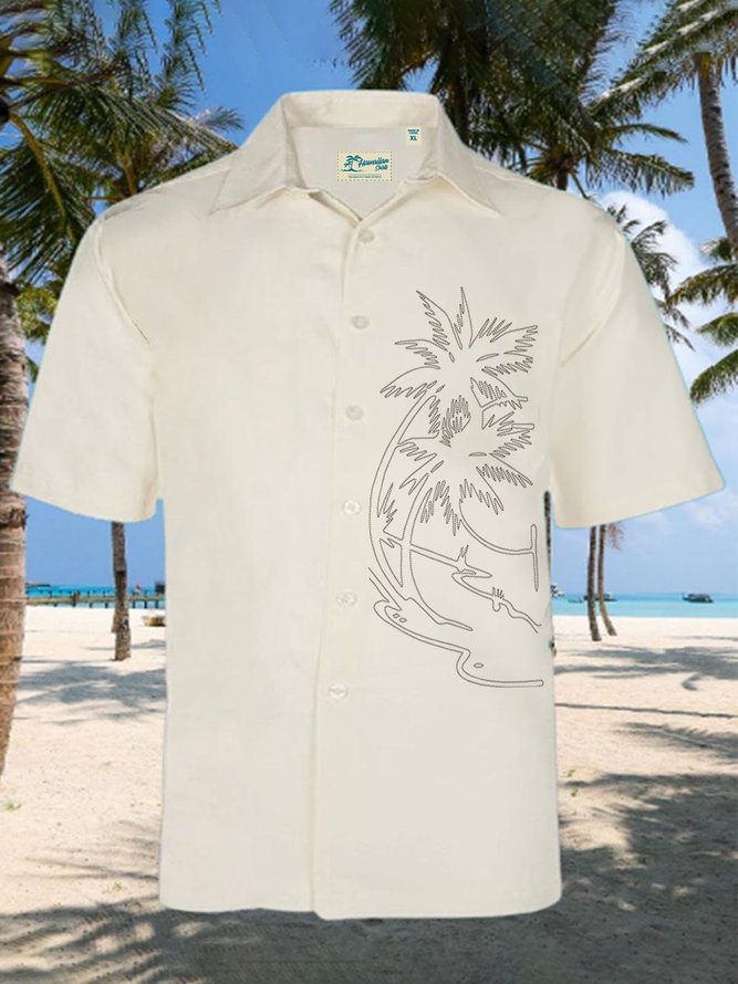 Men's Black Vintage Hawaiian Shirts Palm Tree Wrinkle Free Cotton Blend