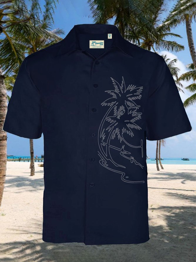 Men's Black Vintage Hawaiian Shirts Palm Tree Wrinkle Free Cotton Blend ...