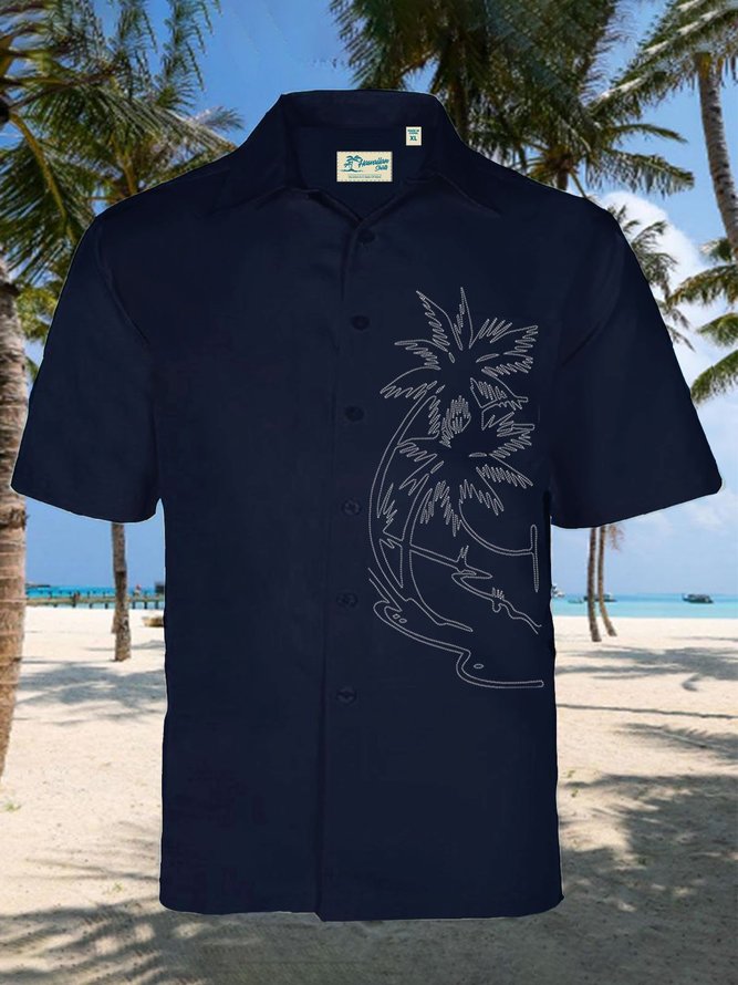 Men's Black Vintage Hawaiian Shirts Palm Tree Wrinkle Free Cotton Blend