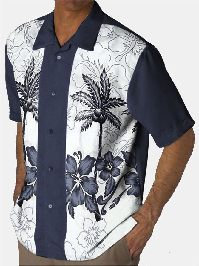 Men's 50‘s Vintage Plus Size Hawaiian Shirts Palm Tree Cotton Blend Top