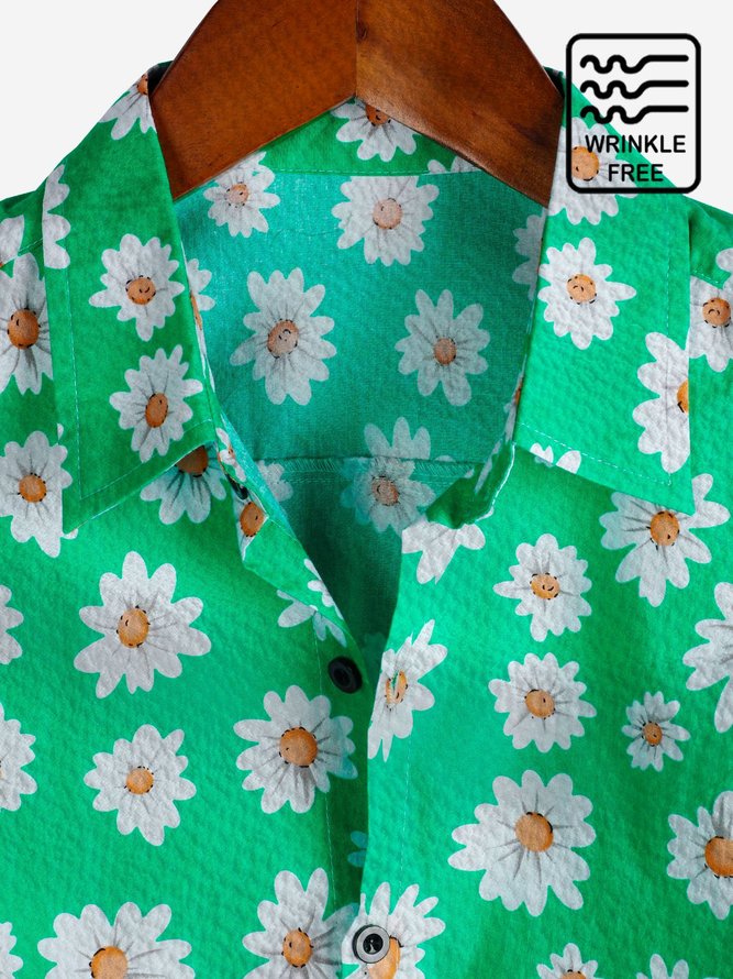 Men's Green Beach Casual Hawaiian Shirts Wrinkle Free Seersucker Daisy Plus Size Tops