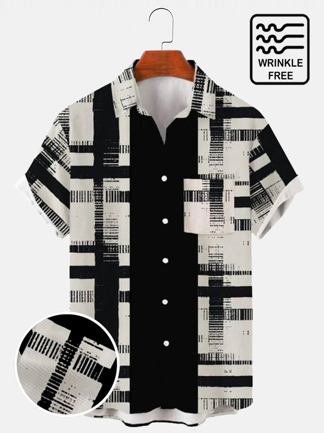 Men's Black Vintage Wrinkle Free Casual Check Shirts Seersucker Plus Size Tops
