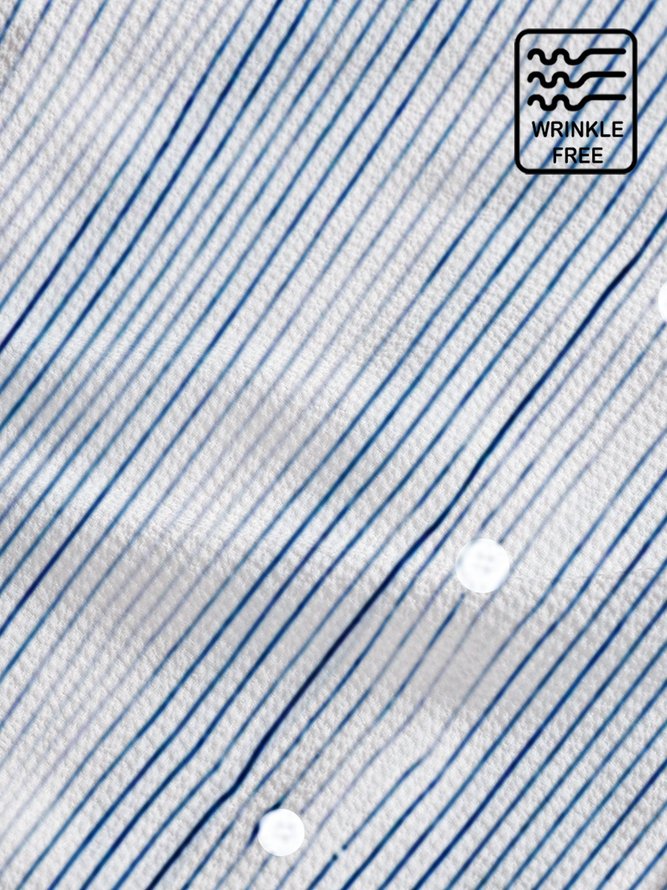Men's blue Casual Striped Stand Collar Shirts Seersucker Wrinkle Free Tops