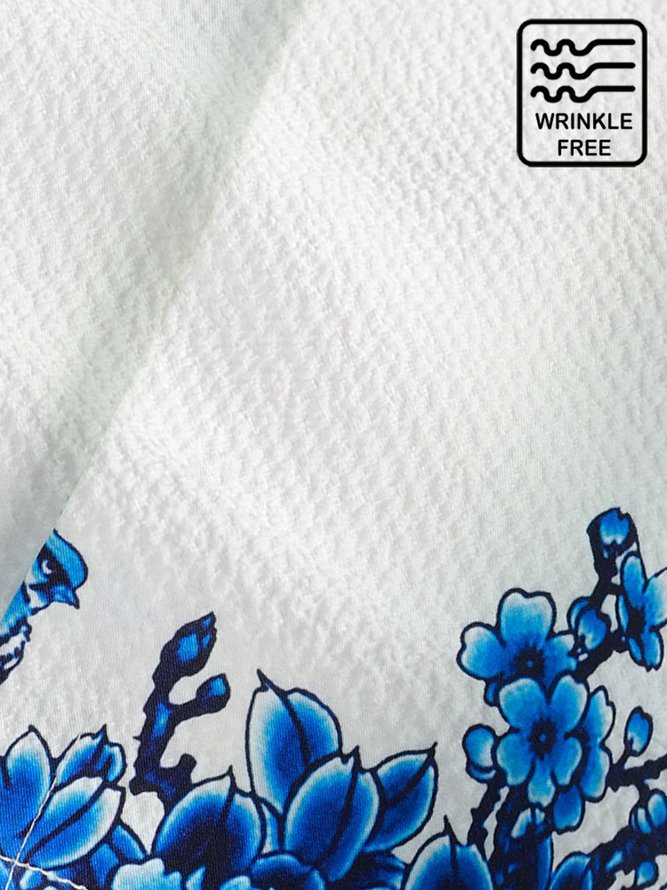 Men's Blue Casual Hawaiian Shirts Floral Pattern Seersucker Wrinkle Free Tops