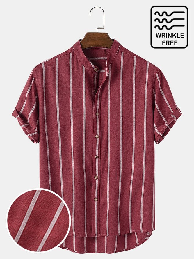 Men's Wrinkle Free Seersucker White Casual Striped Stand Collar Shirt Plus Size Cotton Blend Top