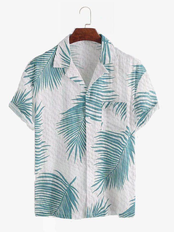 Men's Palm Leaf Print Seersucker Wrinkle Free Short Sleeve Hawaiian Shirt