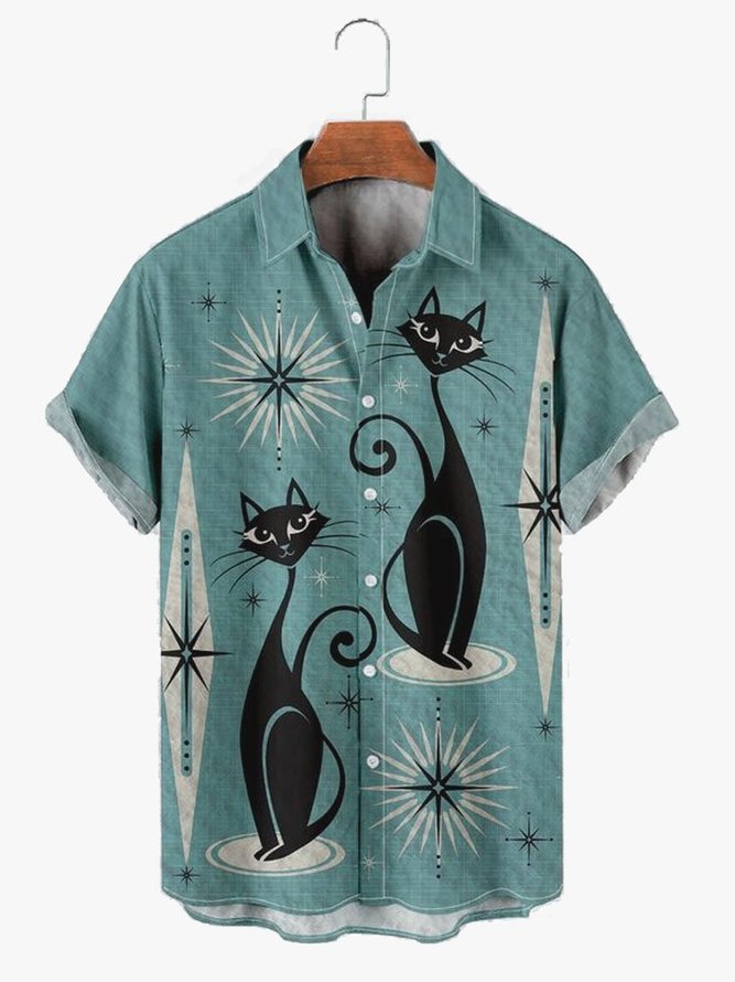 Men's Vintage Black Cat Print Seersucker Wrinkle Free Print Shirt