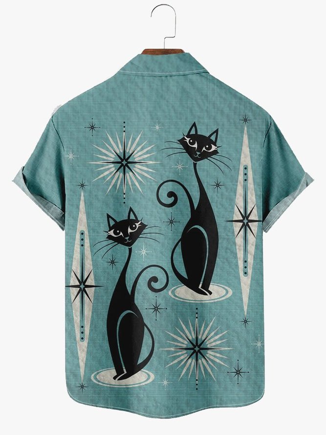 Men's Vintage Black Cat Print Seersucker Wrinkle Free Print Shirt