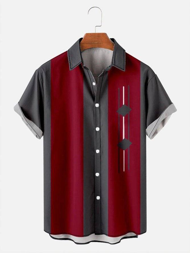 Men's Vintage Contrast Stripe Geometric Print Short Sleeve Hawaiian Shirt