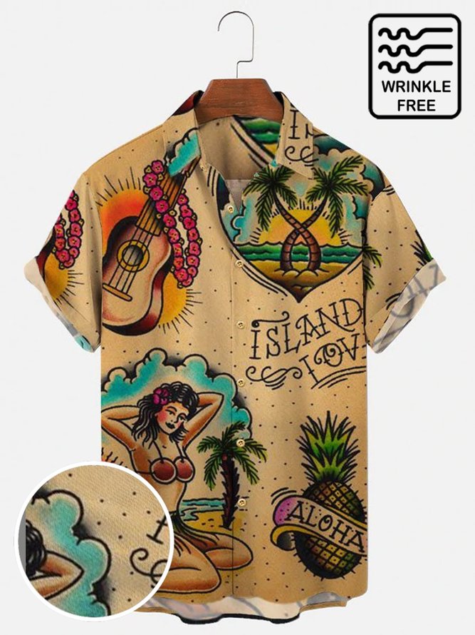 Men's Hawaiian Hula Pinup Beach Short Sleeve Wrinkle Free Seersucker