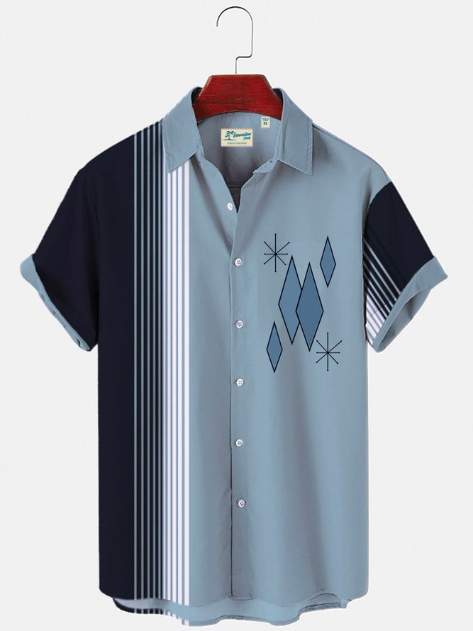 Men's 50's Vintage Blue Casual Bowling Shirts Geometric Wrinkle Free Plus Size Tops