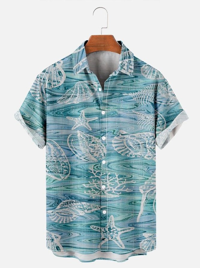 Men's Ocean Creatures Print Short Sleeve Hawaiian Cotton-Blend Holiday Shirt