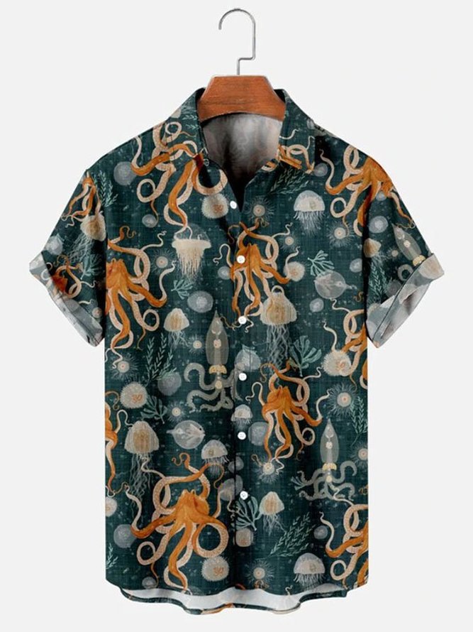 Mens Jellyfish Octopus Ocean Creatures Print Retro Hawaiian Short Sleeve Shirt
