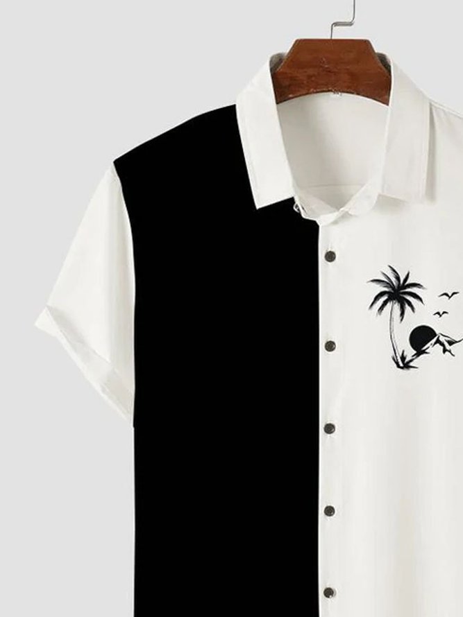 Men's Casual Simple Beach Coconut Tree Patchwork Short Sleeve Hawaiian Shirt
