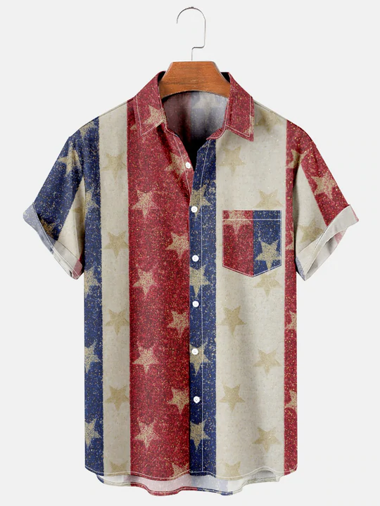 Men's Casual American Flag Stars Stripes Patchwork Print Loose Shirt