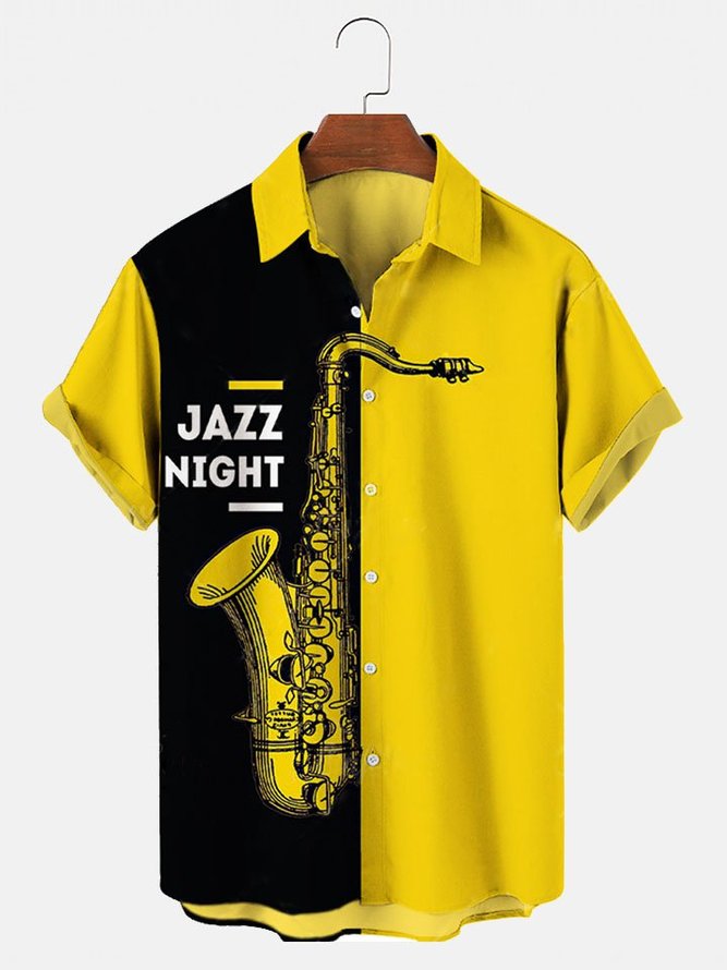 Men's Fashion Jazz Night Music Loose Casual Hawaiian Short Sleeve Shirt