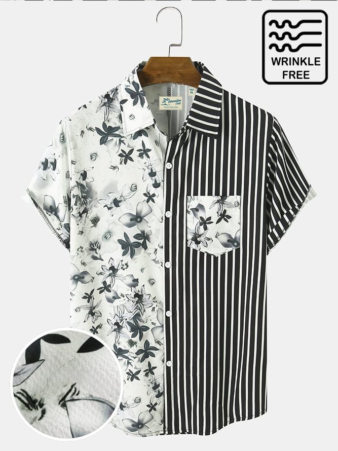 Men's Holiday Casual Striped Hawaiian Shirts Tropical Floral Wrinkle Free Seersucker Tops