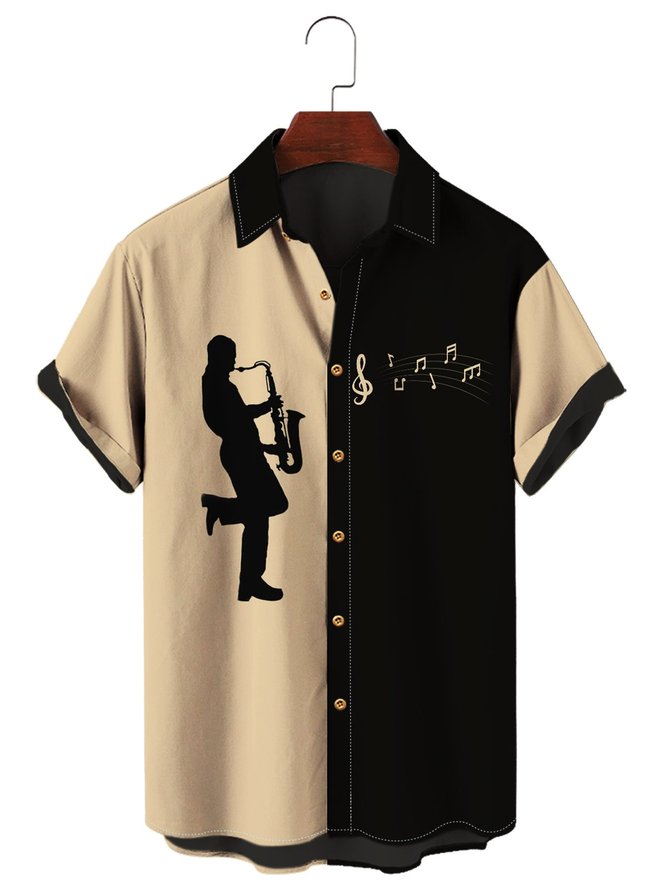 Men's Khaki 50's Vintage Casual Shirts Jazz Music Wrinkle Free Plus Size Tops