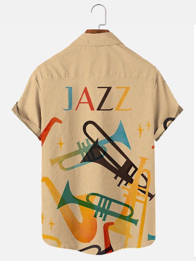 Men's Vintage Jazz Instrument Print Short Sleeve Hawaiian Shirt