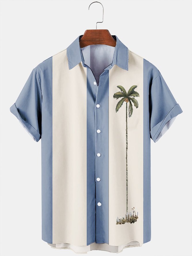 Men's Vintage Seersucker Bowling Shirts Palms Plus Size Wrinkle Free Tops